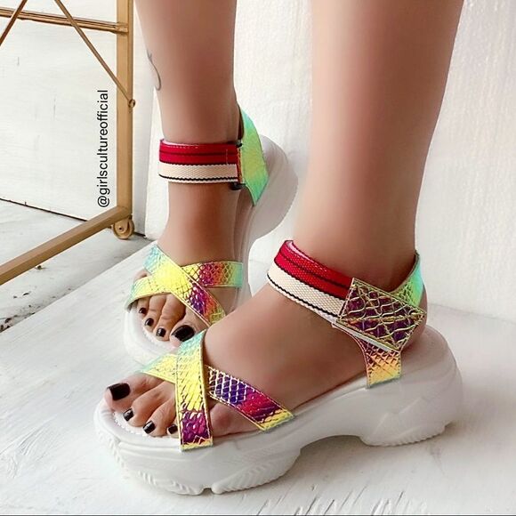 Hologram Rainbow White Velcro Platform Sandals - Picture 3 of 8